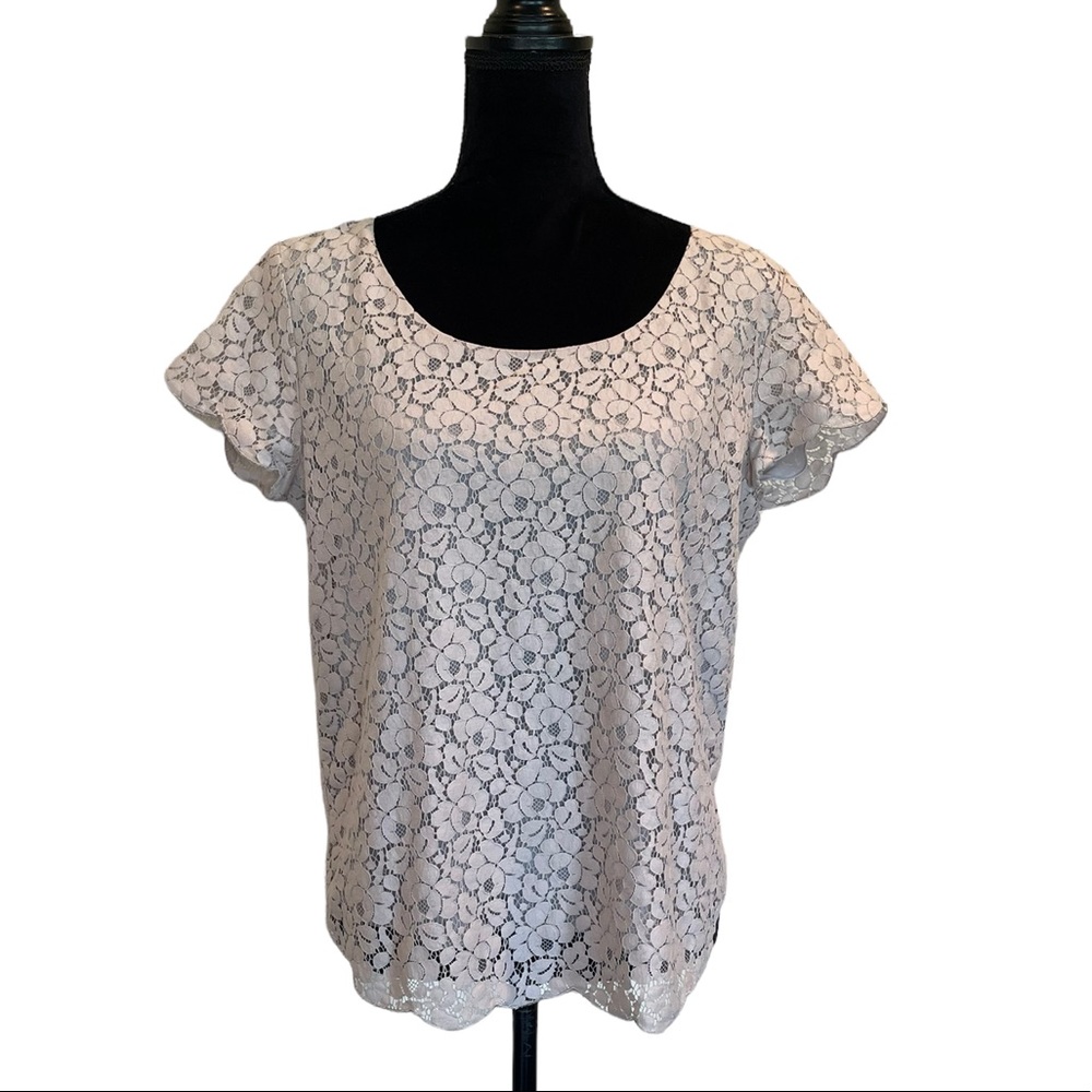 Talula neutral beige under shortsleeved pullover lace overlay top size large